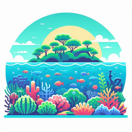 Underwater landscape with coral reef, fish and algae. Vector illustration.のイラスト素材