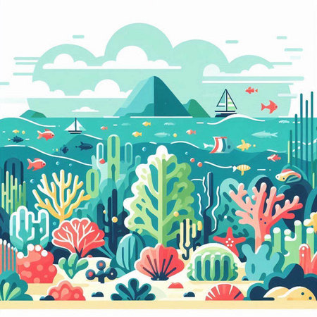 Underwater world landscape with corals and tropical fish. Vector illustrationのイラスト素材