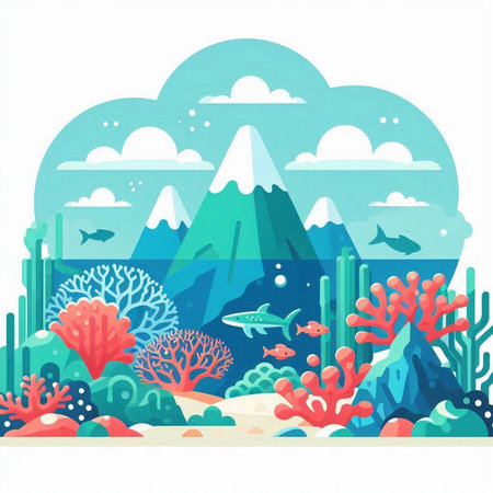 Underwater landscape with coral reef, fish, fish and mountains. Vector illustrationのイラスト素材