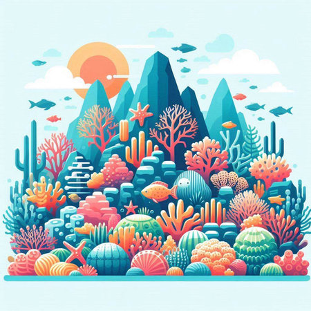 Underwater landscape with corals and tropical fish. Vector illustration.のイラスト素材