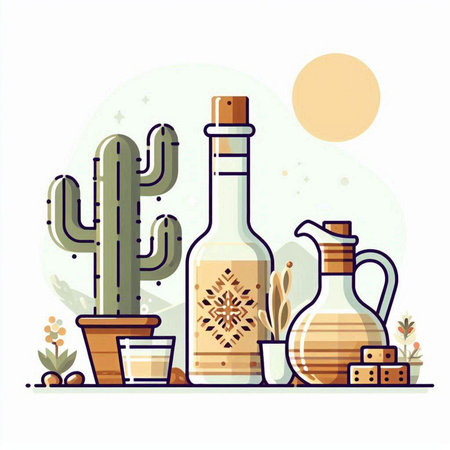 Vector illustration with cacti, olive oil and tequila bottle on white background.のイラスト素材