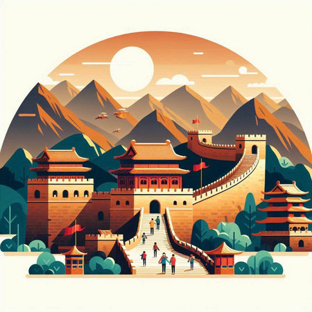 landscape of chinese ancient city, vector illustration in flat styleのイラスト素材