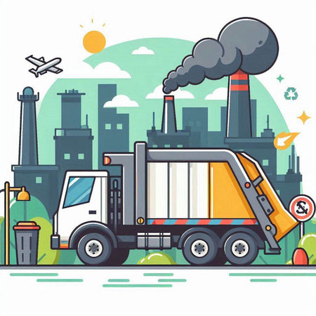 Dump truck with smoke and pollution in the city. Vector illustrationのイラスト素材