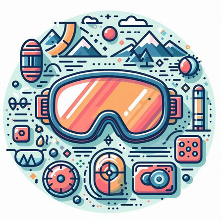 Vector line art illustration of ski goggles and equipment on white background.のイラスト素材