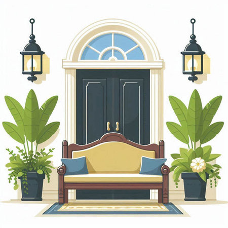 Vector illustration of a bedroom interior with a bed, lamp, plants and a window.のイラスト素材