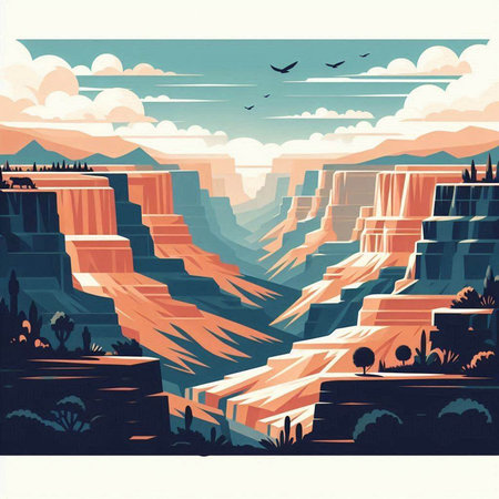 Fantasy landscape with waterfalls and mountains. Vector illustration in retro styleのイラスト素材