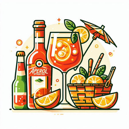 Vector illustration of a set of alcoholic beverages. A bottle of red wine, a glass of orange juice, a basket of oranges, a straw, a straw.のイラスト素材
