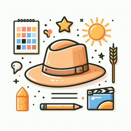 Vector illustration of hat and cinema items. Flat line art style.のイラスト素材