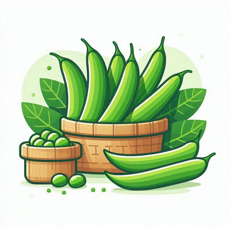 Peas in a basket on a white background. Vector illustration.のイラスト素材