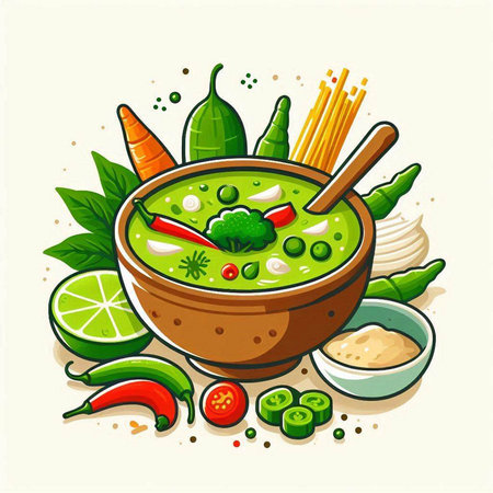 Illustration of a bowl of green curry with chopsticks and ingredientsのイラスト素材