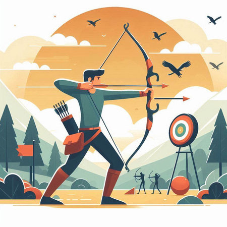Archery sport vector illustration. Cartoon archer with bow and arrow in the forest.のイラスト素材