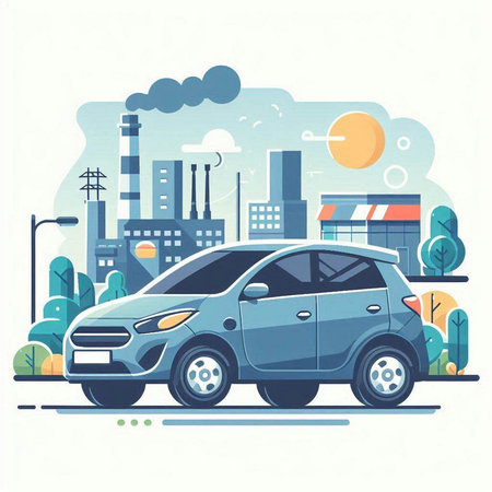 Vector illustration of a car on the background of the industrial landscape.のイラスト素材