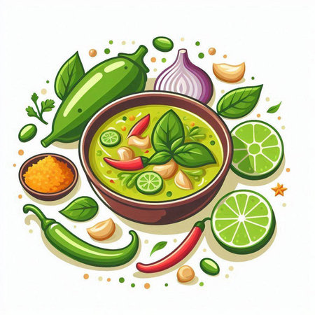 Vector illustration of a bowl of spicy green curry with ingredients for cooking.のイラスト素材
