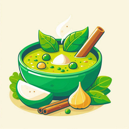 Green soup in bowl with spices and herbs. Vector cartoon illustration.のイラスト素材