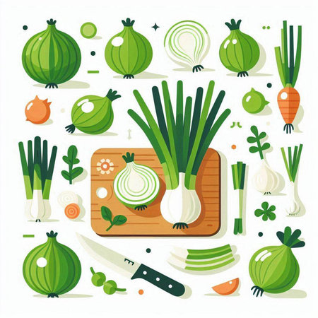 Vector illustration of fresh vegetables in flat style. Green onion, garlic, onion, cucumber, tomato, parsley and knife.のイラスト素材