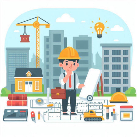 Architect working on the construction site. Vector illustration in flat styleのイラスト素材