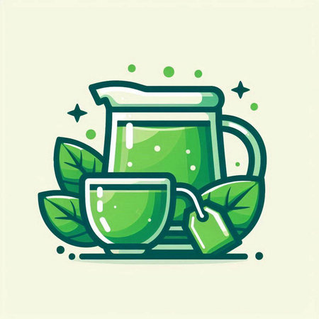 Jug of green tea with leaves. Vector illustration in flat style.のイラスト素材
