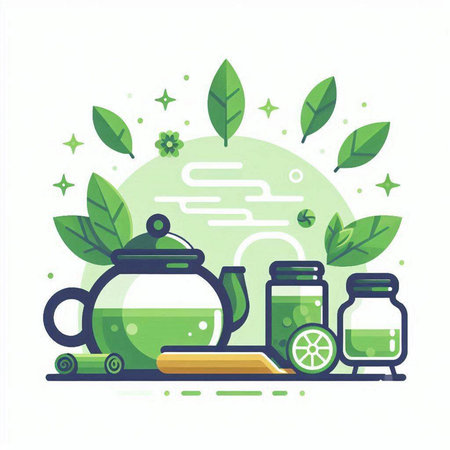 Tea ceremony flat vector illustration. Teapot, cups, saucers and tea leaves. Alternative green tea concept.のイラスト素材