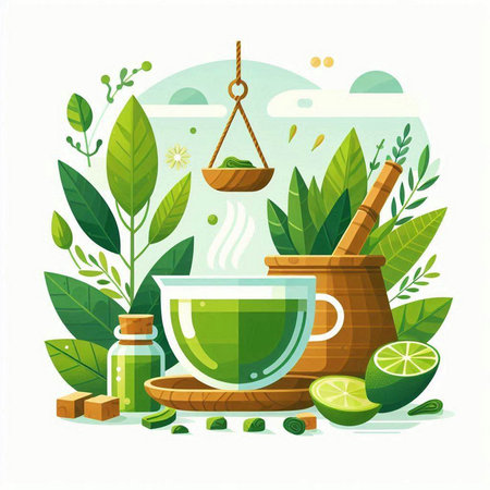 Green tea vector illustration. Alternative medicine and health care concept. Natural organic drink with lemon, honey, cinnamon, ginger, sugar, leaves.のイラスト素材