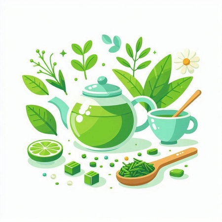 Vector illustration of green tea in a glass teapot with a wooden spoon, green leaves, limes and flowers.のイラスト素材