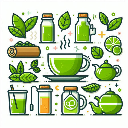 Green tea icon set in flat style. Vector illustration for your designのイラスト素材