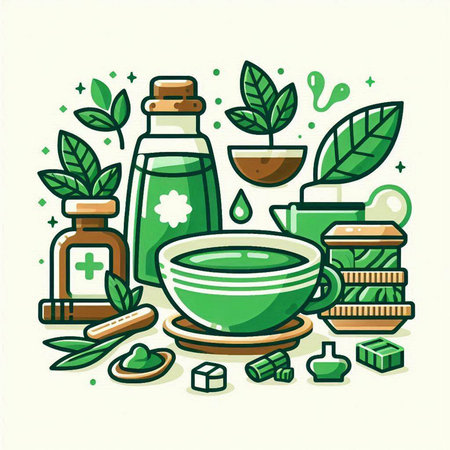 Herbal medicine concept. Vector illustration with herbs, mortar and pestle.のイラスト素材