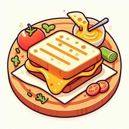 Sandwich with cheese and tomato on wooden board. Vector illustration.のイラスト素材