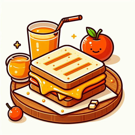 Breakfast with a sandwich, juice and fruits. Vector illustration.のイラスト素材