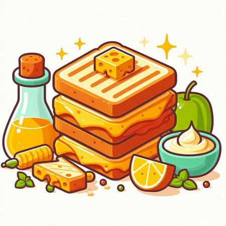 Illustration of a set of different types of honey, butter and honeycombsのイラスト素材