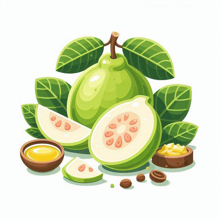 Guava fruit with leaves and slices isolated on white background. Vector illustration.のイラスト素材