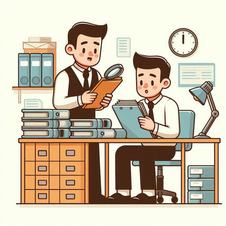 Businessman working in the office. Vector illustration in cartoon style.のイラスト素材