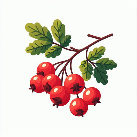 Hawthorn branch with red berries. Vector illustration isolated on white background.のイラスト素材