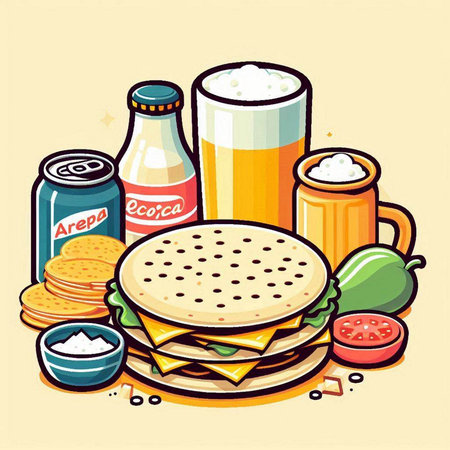 Illustration of fast food items on yellow background. Vector illustration.のイラスト素材