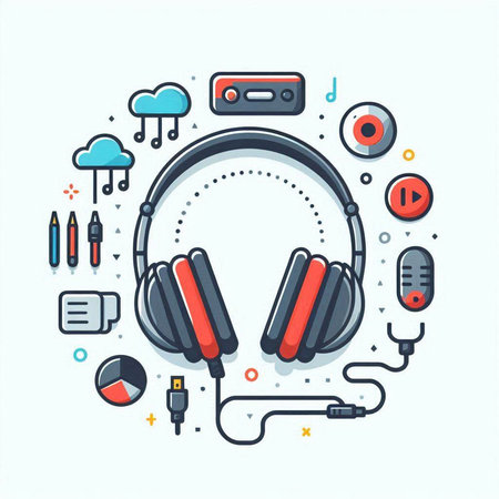 Headphones with headphones and music icons. Vector illustration in thin line styleのイラスト素材