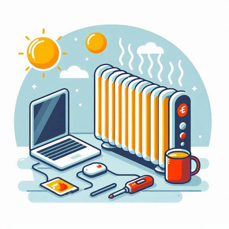 Vector illustration of a heating system. Laptop, mobile phone, coffee cup and radiator.のイラスト素材