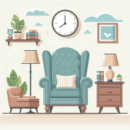 Living room interior with armchair, lamp, bookshelf, coffee table, clock and plants. Vector illustration.のイラスト素材