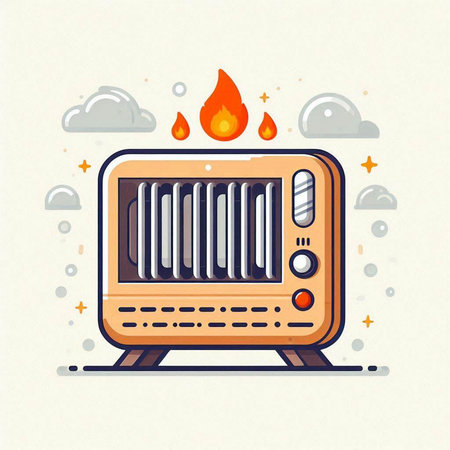 Vector illustration of retro radio with flame. Flat line art design.のイラスト素材