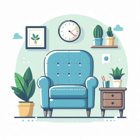 Living room interior with armchair, furniture and plants. Vector illustrationのイラスト素材