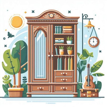 Cabinet with books and plants. Vector illustration in flat styleのイラスト素材