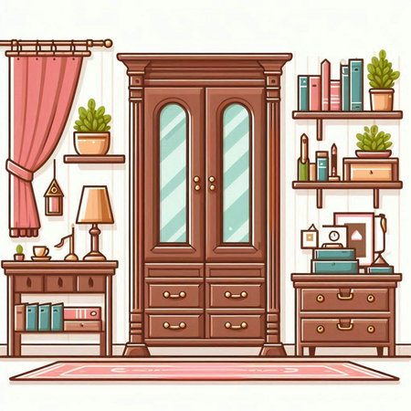 Vector illustration of a living room interior with furniture and bookshelvesのイラスト素材