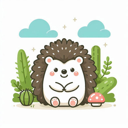 Cute hedgehog with cactus. Vector illustration in cartoon style.のイラスト素材