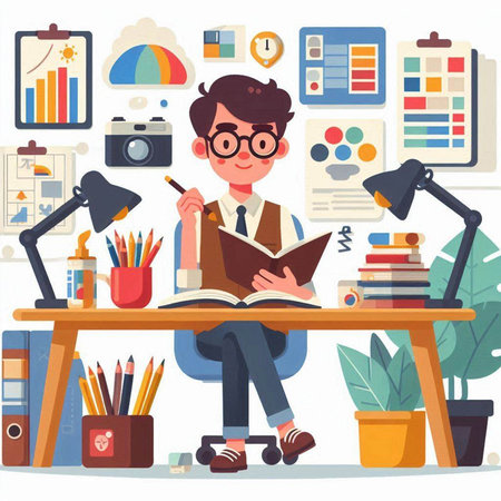 Young man sitting on the desk and reading book. Flat style vector illustration.のイラスト素材