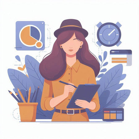 Beautiful young woman in a hat with a notebook in her hands. Vector illustrationのイラスト素材