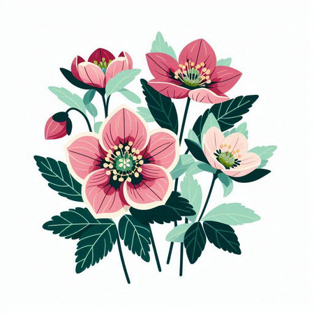 Hand drawn bouquet of hellebore flowers. Vector illustration.のイラスト素材