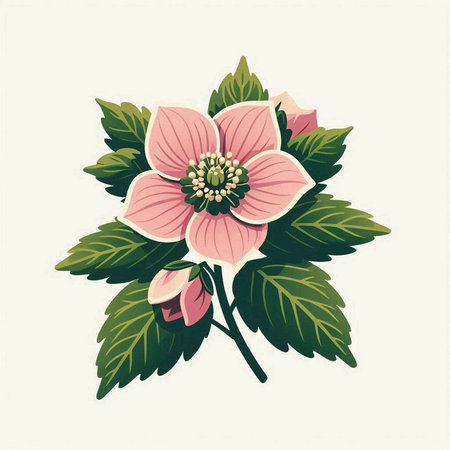 Illustration of a blooming hellebore flower with leavesのイラスト素材