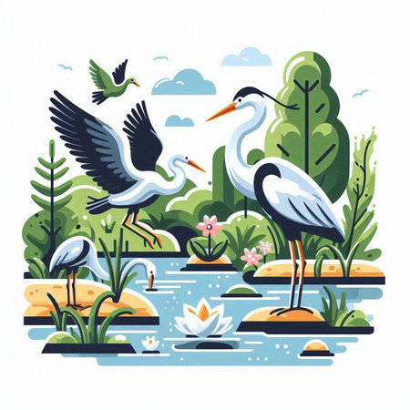 Flock of storks on the pond. Vector illustration in flat styleのイラスト素材