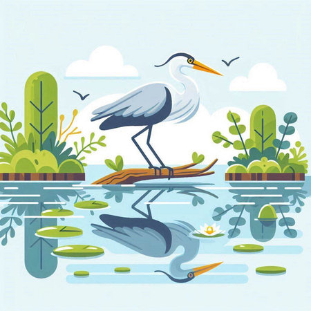 Vector illustration of a blue heron on a branch in a pondのイラスト素材