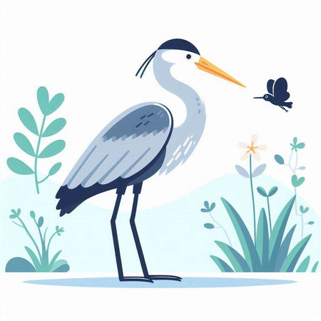 Egret vector illustration. Cute blue heron standing on the ground.のイラスト素材