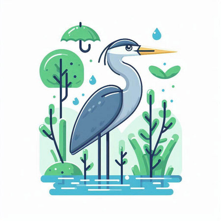 Vector illustration of a gray heron in the pond. Flat style.のイラスト素材