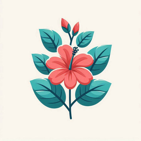Hibiscus flower with leaves. Vector illustration in flat styleのイラスト素材